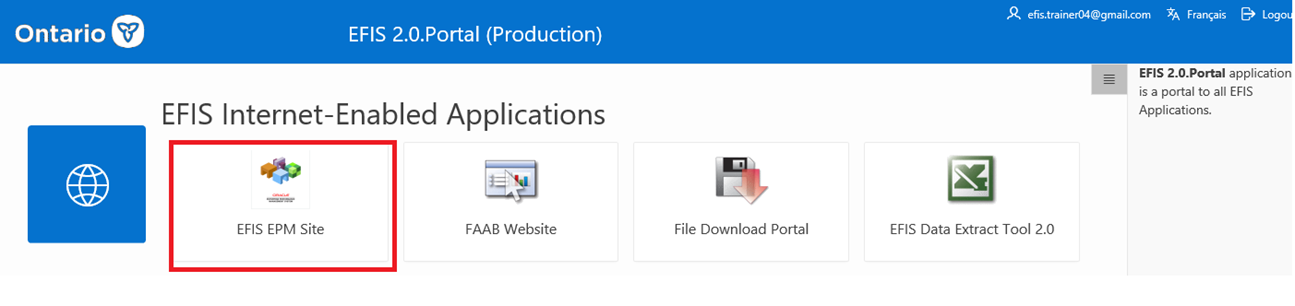 EFIS 2.0 Portal, where EPM can be accessed